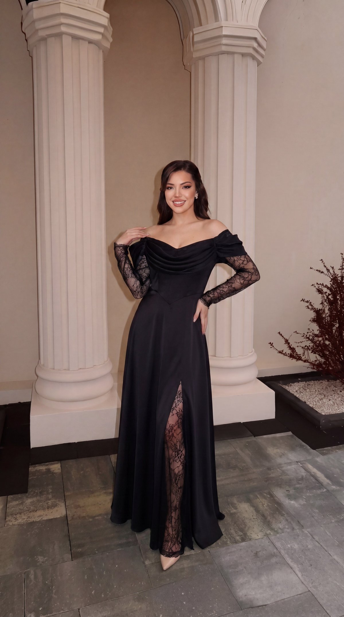 Off-The-Shoulder Draped Cowl Neck Lace Sleeve Black Evening Dress
