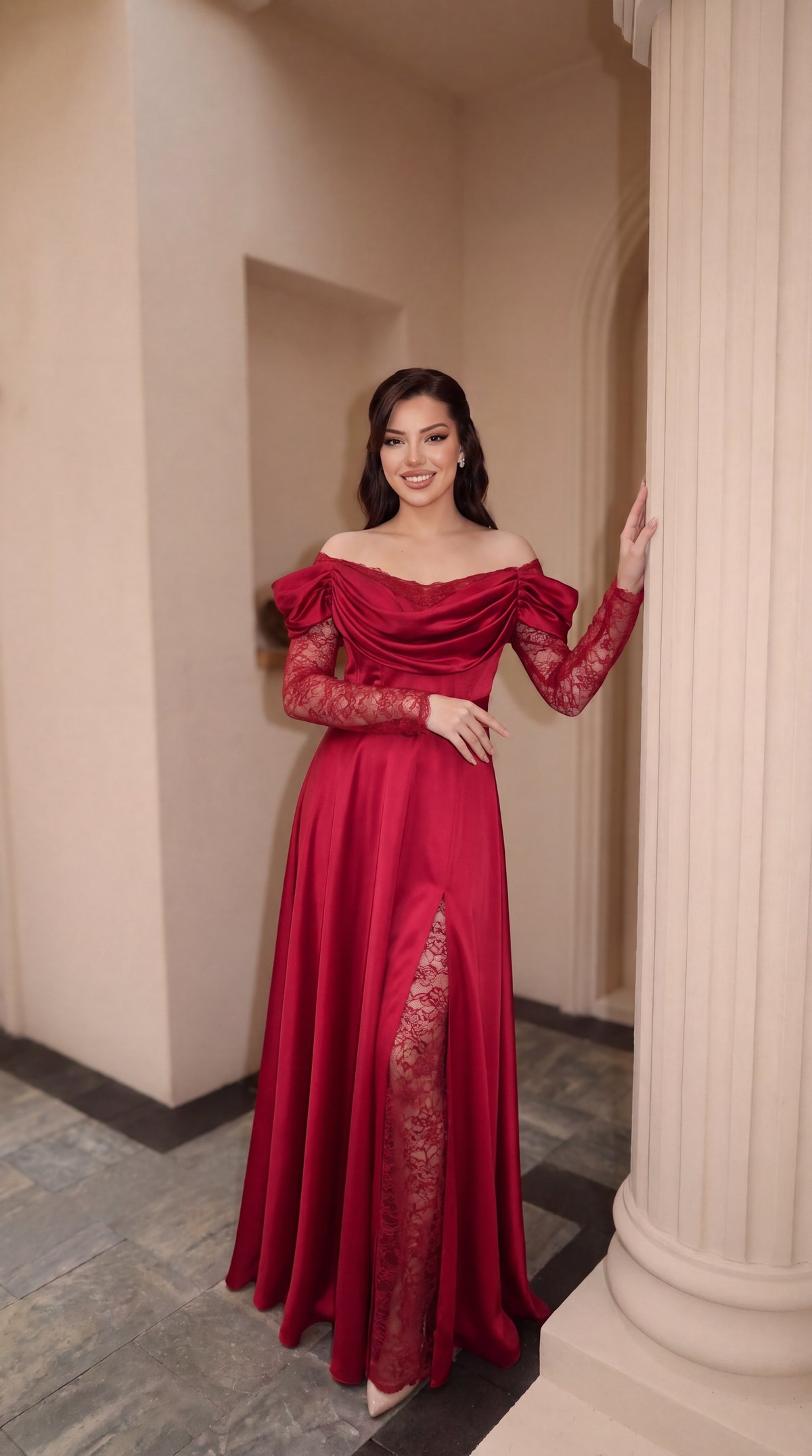 Off-The-Shoulder Draped Cowl Neck Lace Sleeve Red Evening Dress