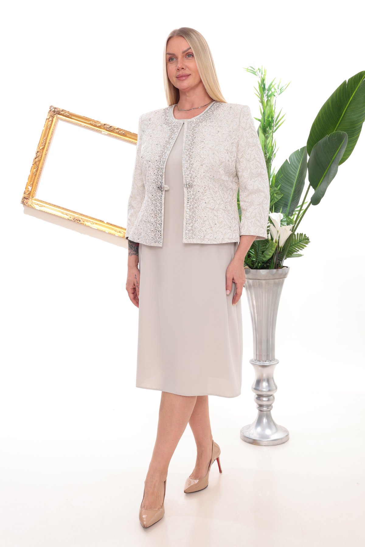 Inci Taş Süslemeli Krem İkili Takım Ceket Elbise