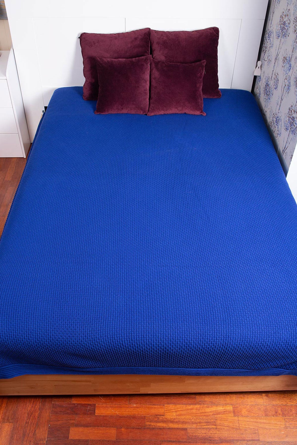 %100 Pamuk Pirinç Örgü Saks Mavisi Çift Kişilik Battaniye 170x250 CM
