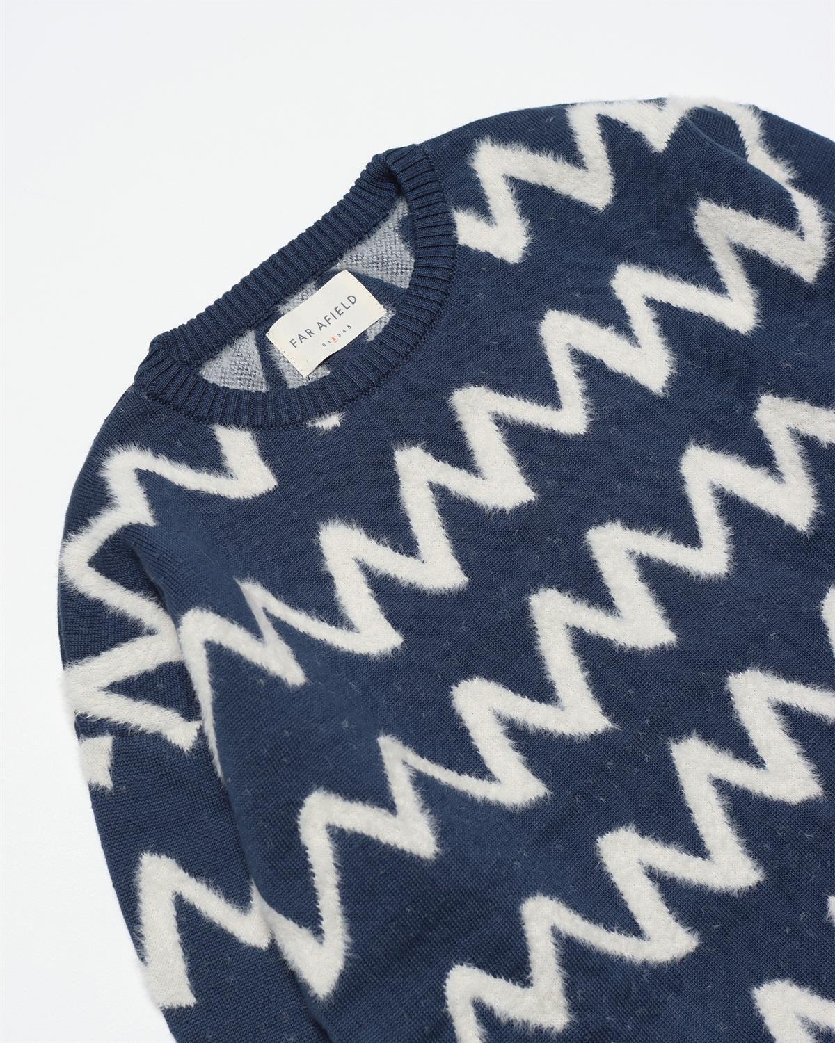 Far Afield DROP SHOULDER KNIT - ZIG Bisiklet Yaka Standart Kesim Zigzag Desen Erkek Triko Kazak - Lacivert