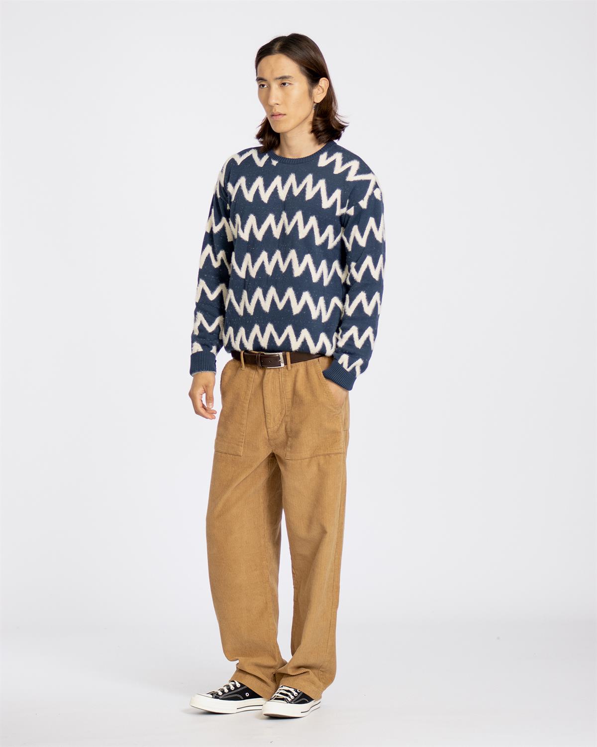 Far Afield DROP SHOULDER KNIT - ZIG Bisiklet Yaka Standart Kesim Zigzag Desen Erkek Triko Kazak - Lacivert