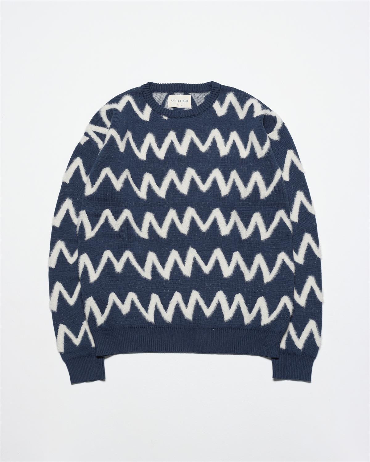 Far Afield DROP SHOULDER KNIT - ZIG Bisiklet Yaka Standart Kesim Zigzag Desen Erkek Triko Kazak - Lacivert