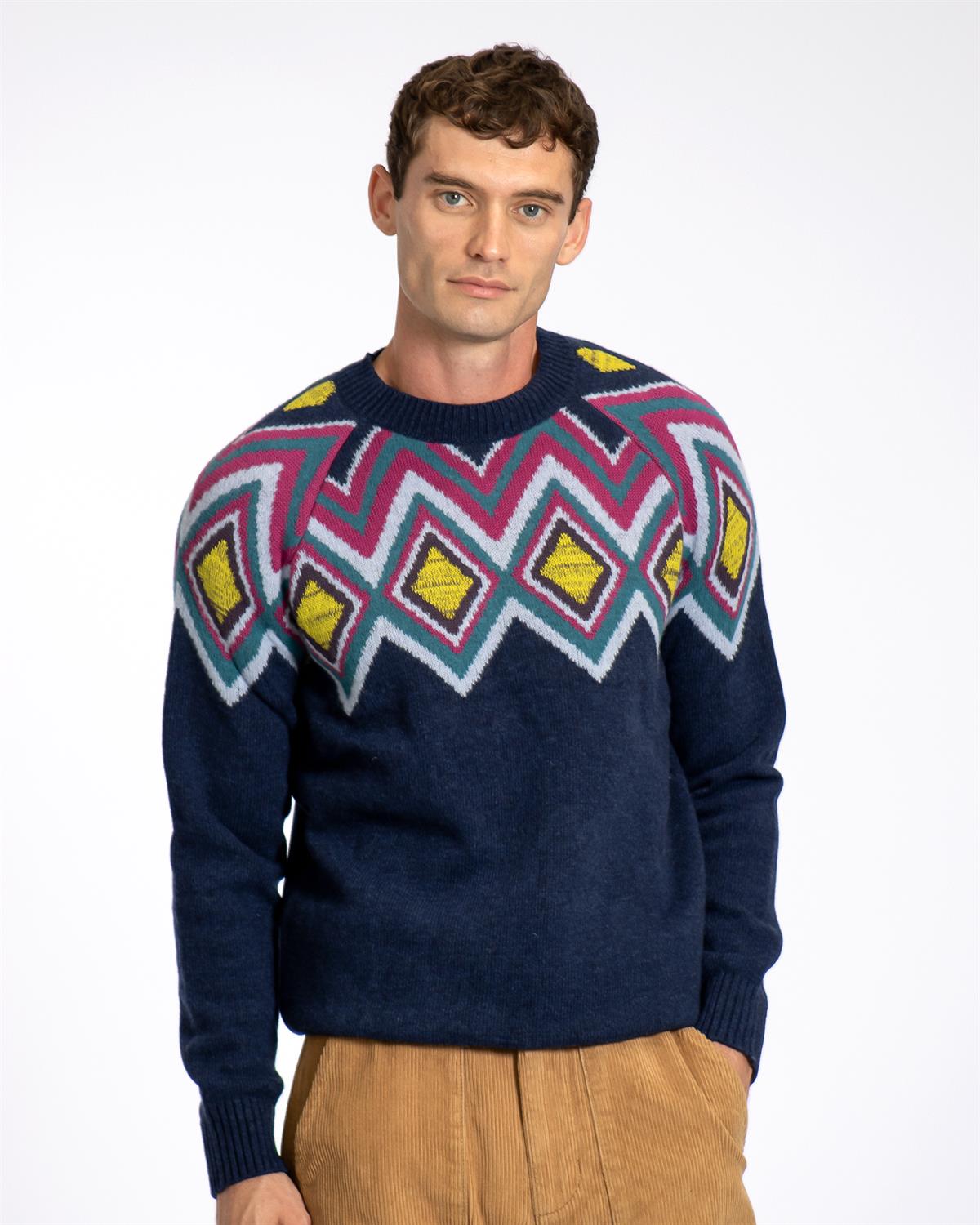 Far Afield MIYUKI KNIT Bisiklet Yaka Reglan Kol Erkek Triko Kazak - Lacivert Melanj