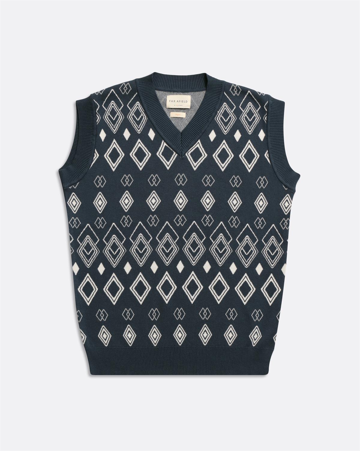 Far Afield PINTO KNITTED VEST-DIAMONDS V Yaka Baklava Desen %100 Organik Pamuk Erkek Triko Süveter - Lacivert
