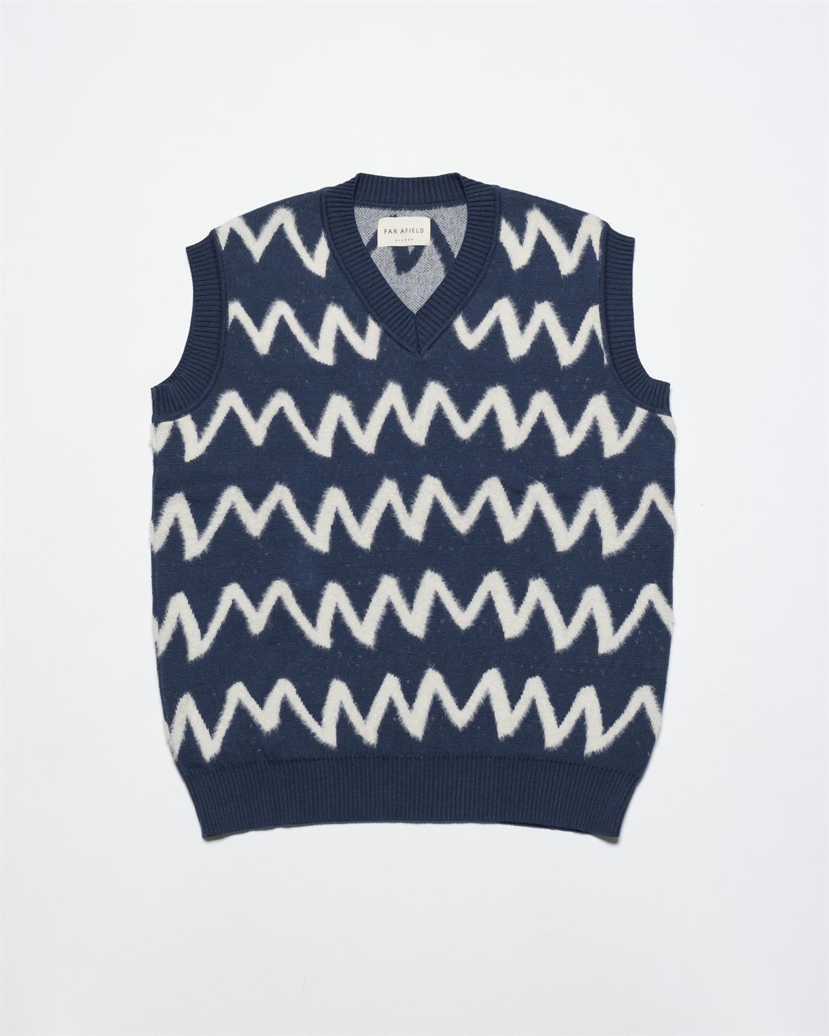 Far Afield PINTO VEST KNIT - ZIG V Yaka Zigzag Desen Erkek Triko Süveter - Lacivert