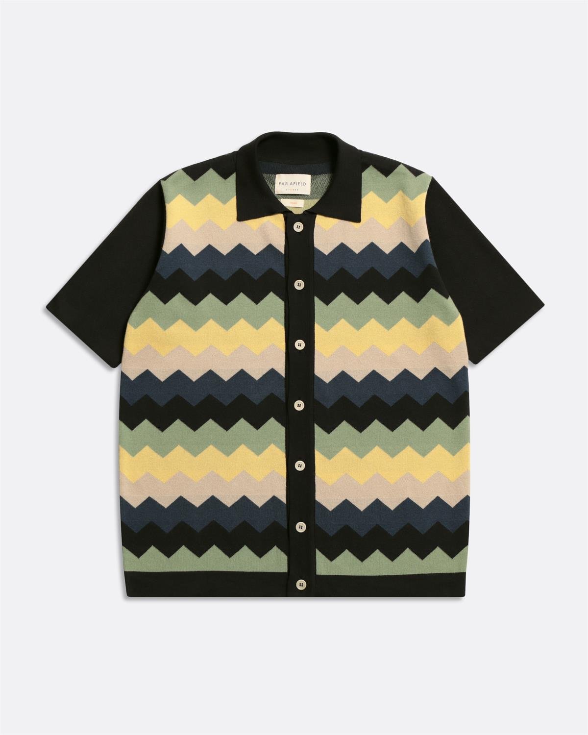 Far Afield ZIGGER CARDIGAN ZIG PATHERN Polo Yaka Kısa Kol %100 Organik Pamuk Erkek Triko Hırka - Siyah