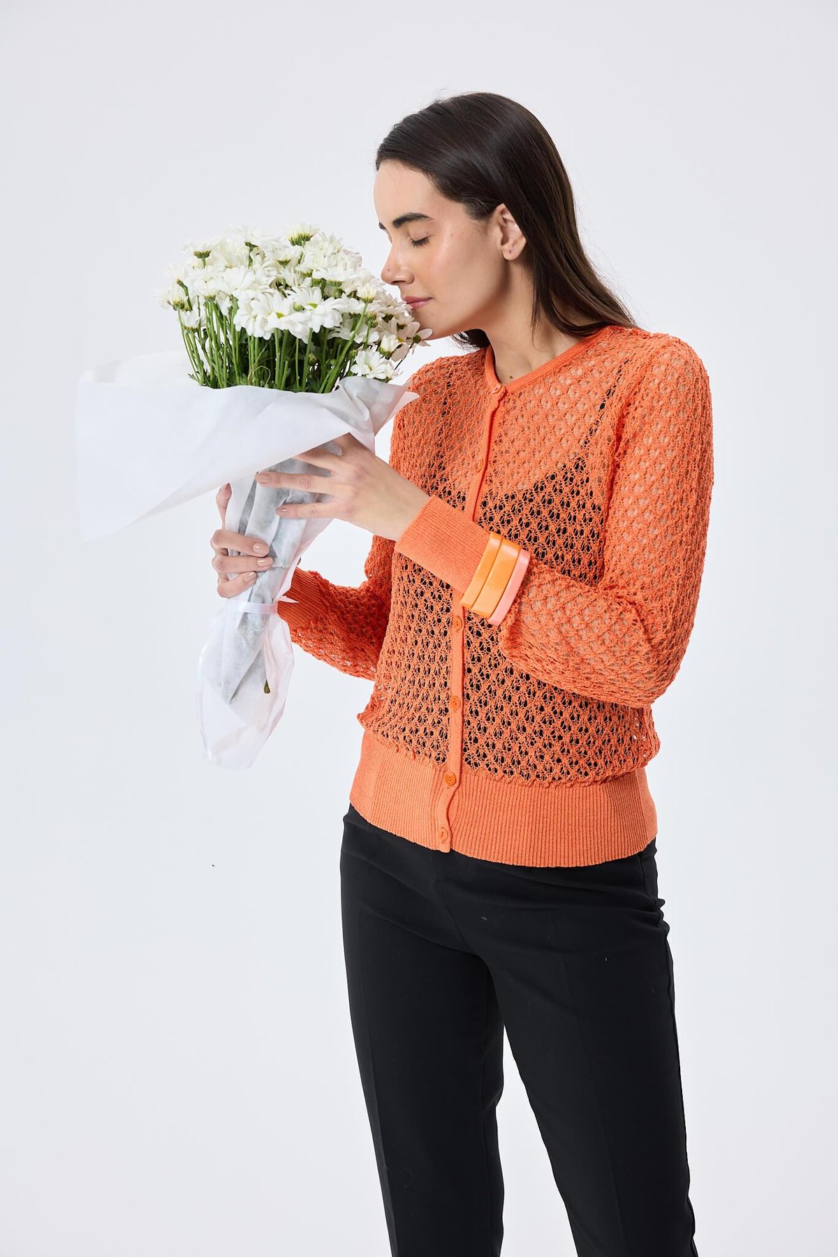 Peraluna Addison Ajur Örgülü Kadın Triko Hırka - TURUNCU