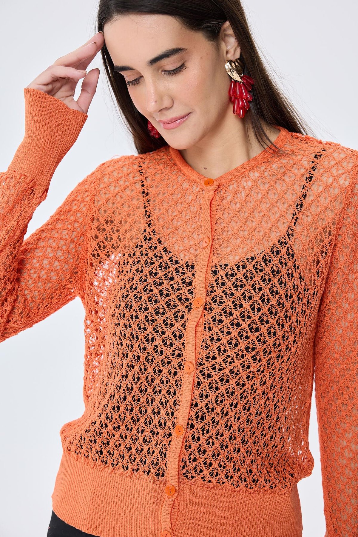 Peraluna Addison Ajur Örgülü Kadın Triko Hırka - TURUNCU