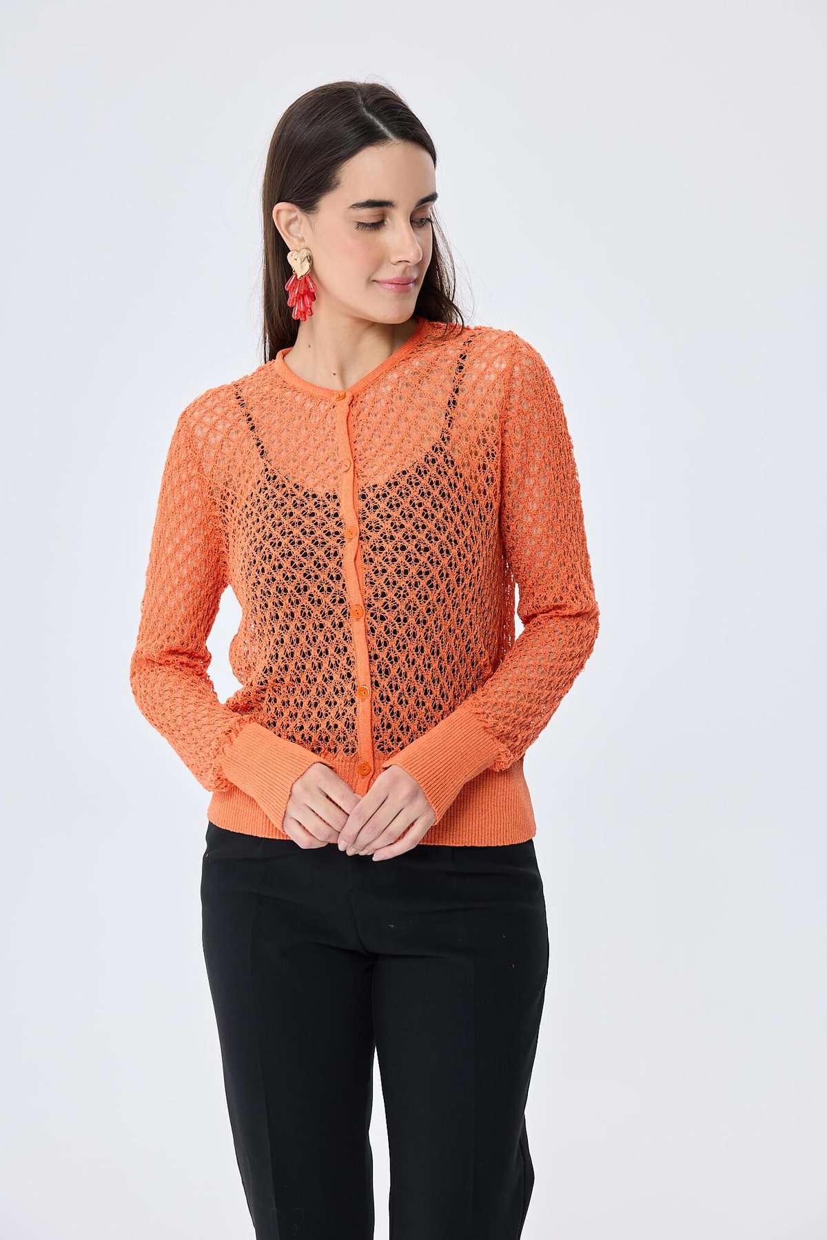 Peraluna Addison Ajur Örgülü Kadın Triko Hırka - TURUNCU