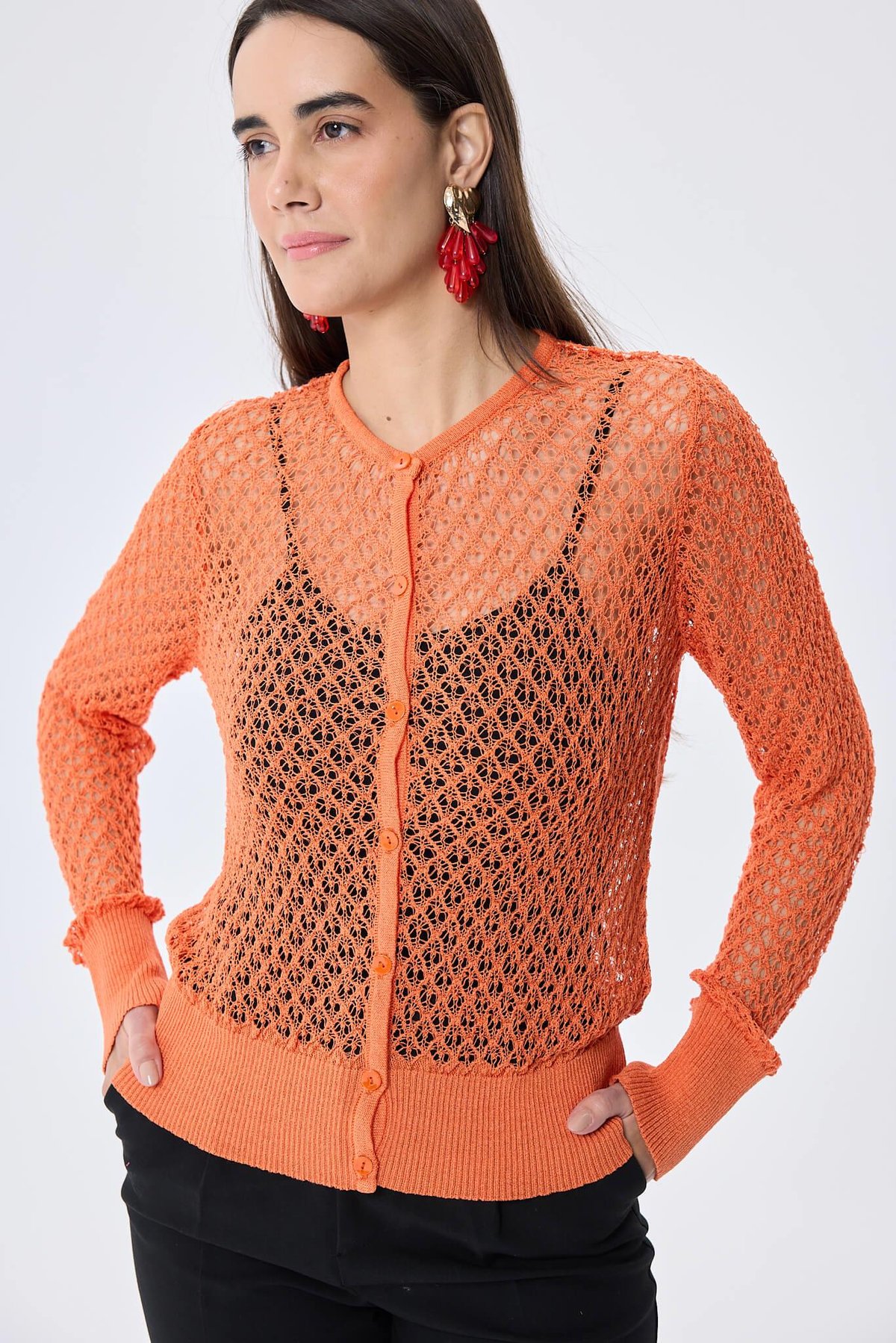 Peraluna Addison Ajur Örgülü Kadın Triko Hırka - TURUNCU