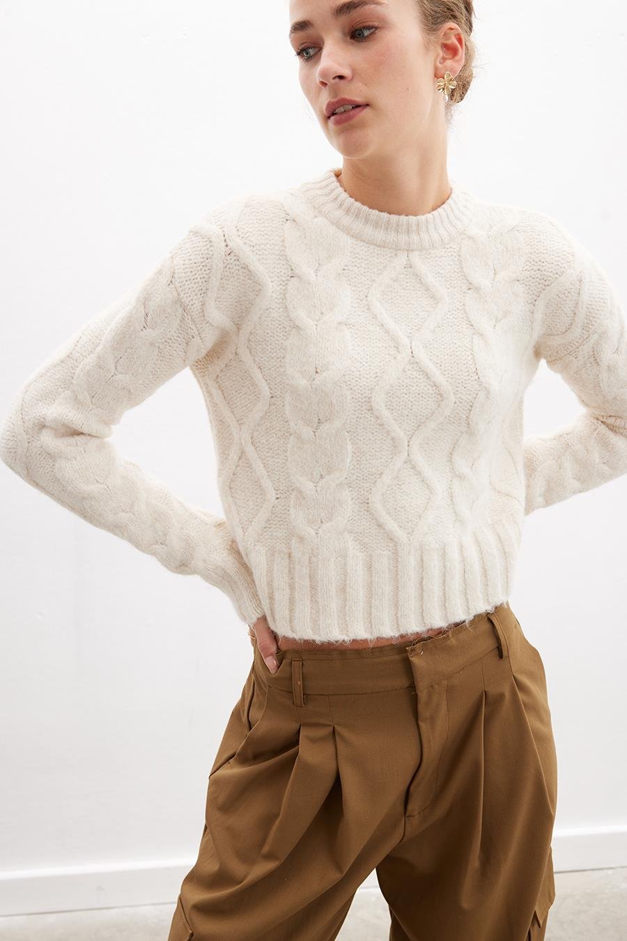 Peraluna ADELINE SWEATER Bisiklet Yaka Saç Örgü Kadın Triko Kazak - Ekru