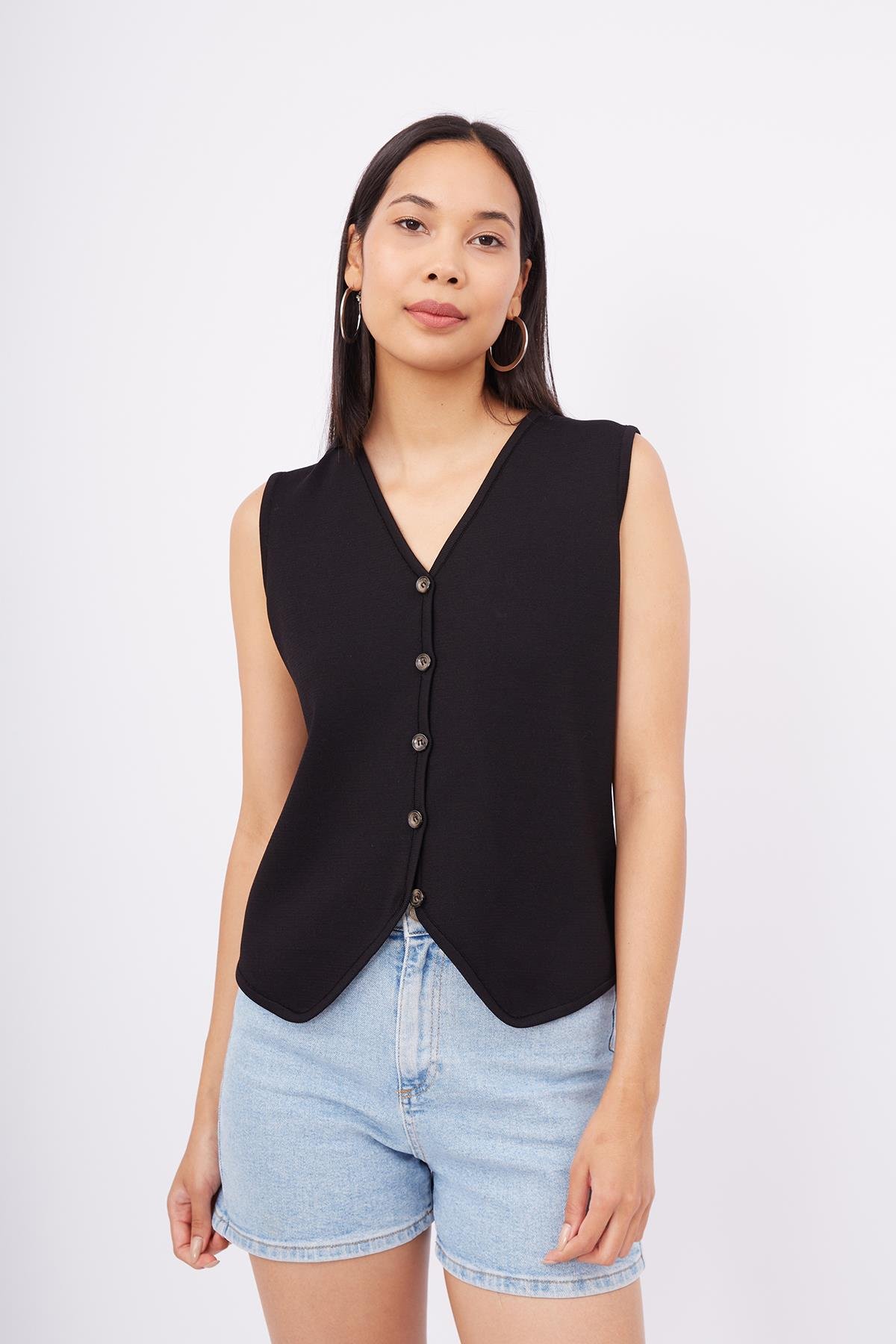 Peraluna AIDA WAISTCOAT Fit Kesim Düğmeli Kadın Triko Yelek - Siyah
