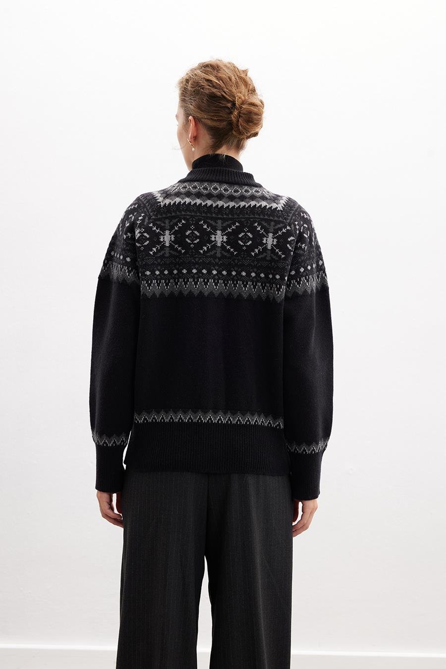 Peraluna AISLING CARDIGAN Bisiklet Yaka Yün Karışım Etnik Motif Kadın Triko Hırka - Siyah