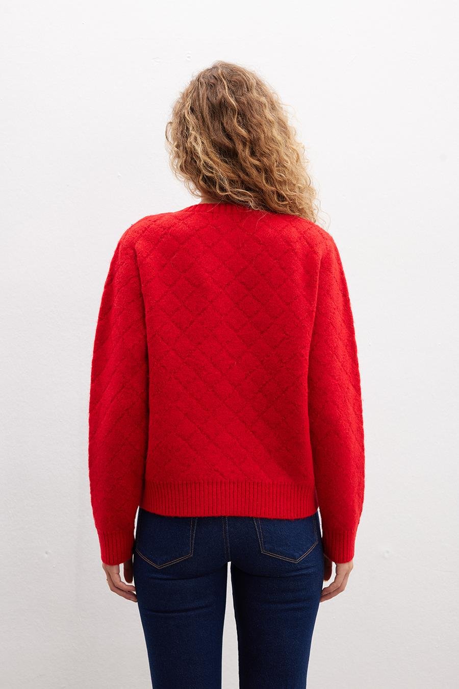 Peraluna ALBA JACKET Baklava Desen Bisiklet Yaka Rahat Kesim Kadın Triko Ceket - Kırmızı