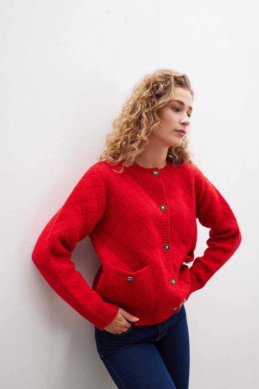 Peraluna ALBA JACKET Baklava Desen Bisiklet Yaka Rahat Kesim Kadın Triko Ceket - Kırmızı