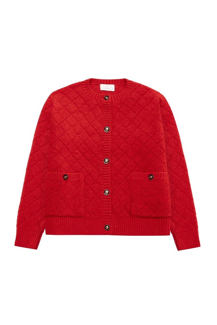 Peraluna ALBA JACKET Baklava Desen Bisiklet Yaka Rahat Kesim Kadın Triko Ceket - Kırmızı