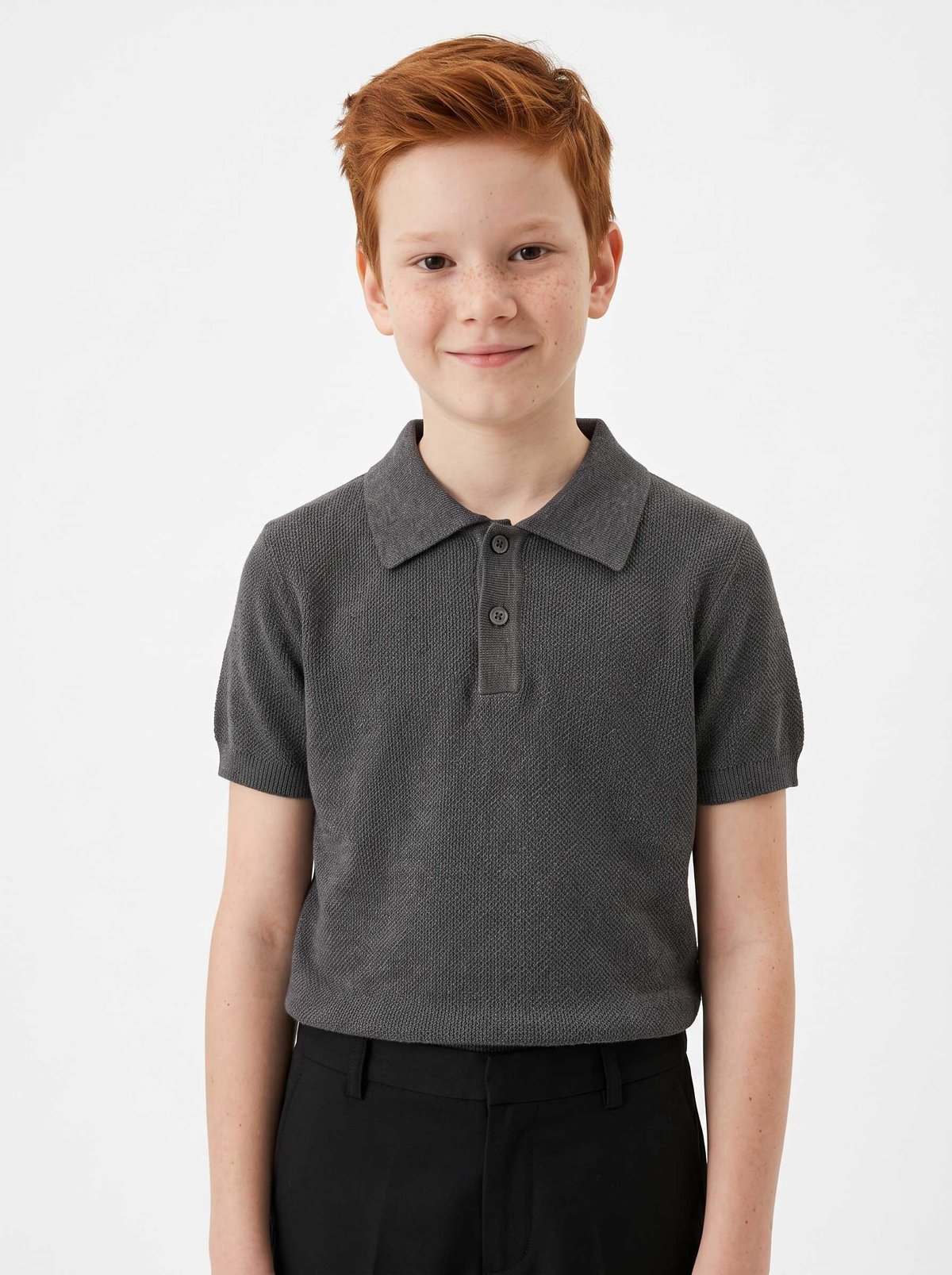 Peraluna Alex Pike Örgü, Kısa Kollu, Unisex Çocuk Polo Yaka T-shirt  - Orta Gri Melanj