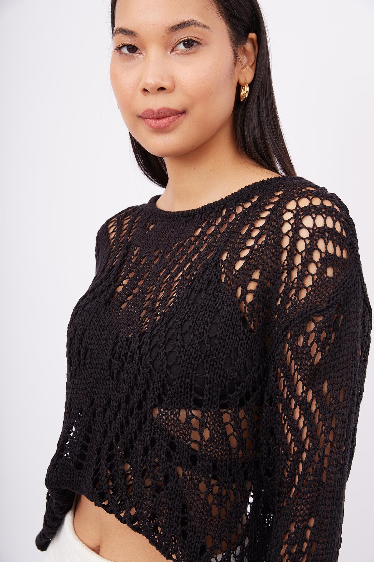 Peraluna AMY TOP Ajur Örgü Rahat Kesim Kadın Triko Bluz - Siyah