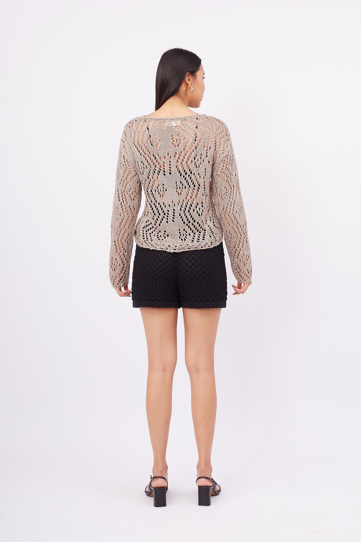 Peraluna AMY TOP Ajur Örgü Rahat Kesim Kadın Triko Bluz - Vizon