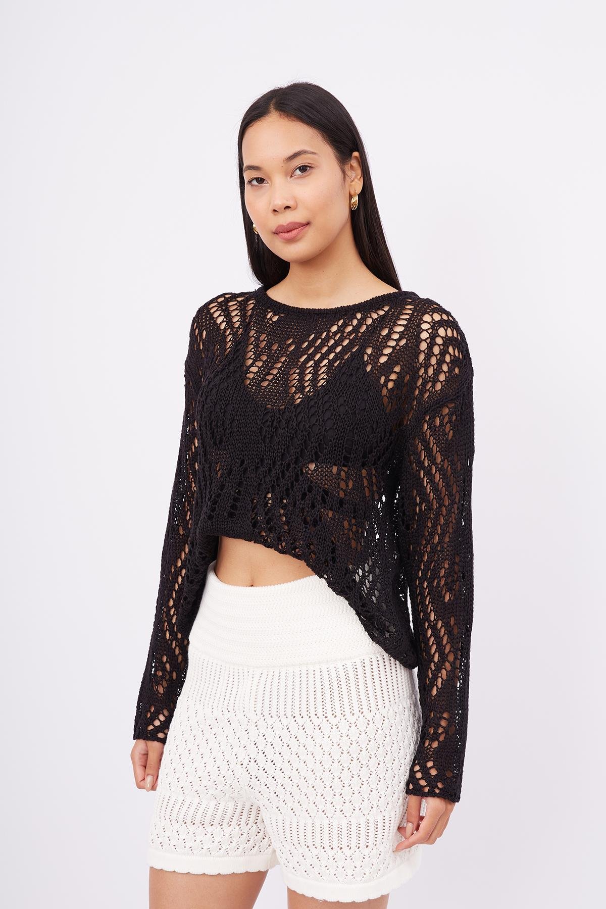 Peraluna AMY TOP Ajur Örgü Rahat Kesim Kadın Triko Bluz - Siyah