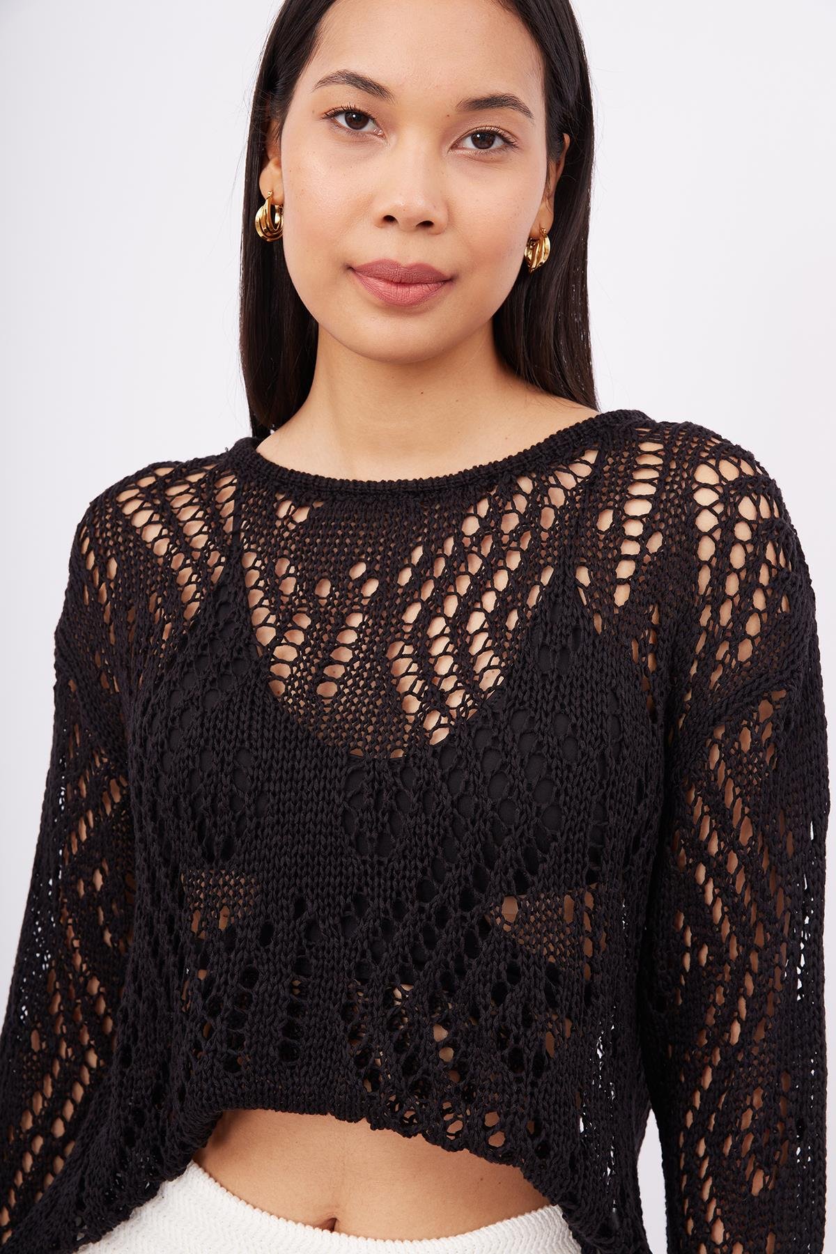 Peraluna AMY TOP Ajur Örgü Rahat Kesim Kadın Triko Bluz - Siyah