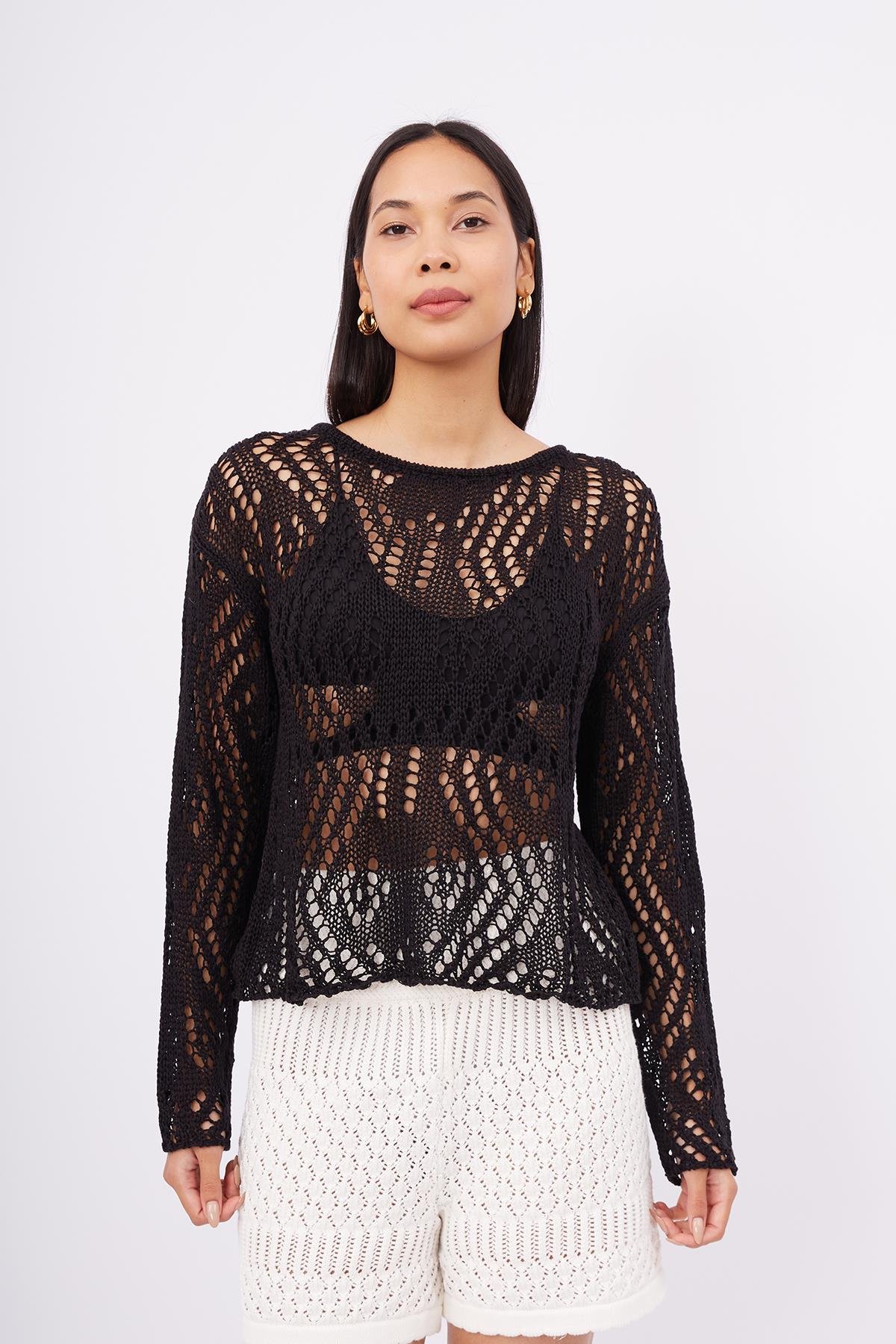 Peraluna AMY TOP Ajur Örgü Rahat Kesim Kadın Triko Bluz - Siyah