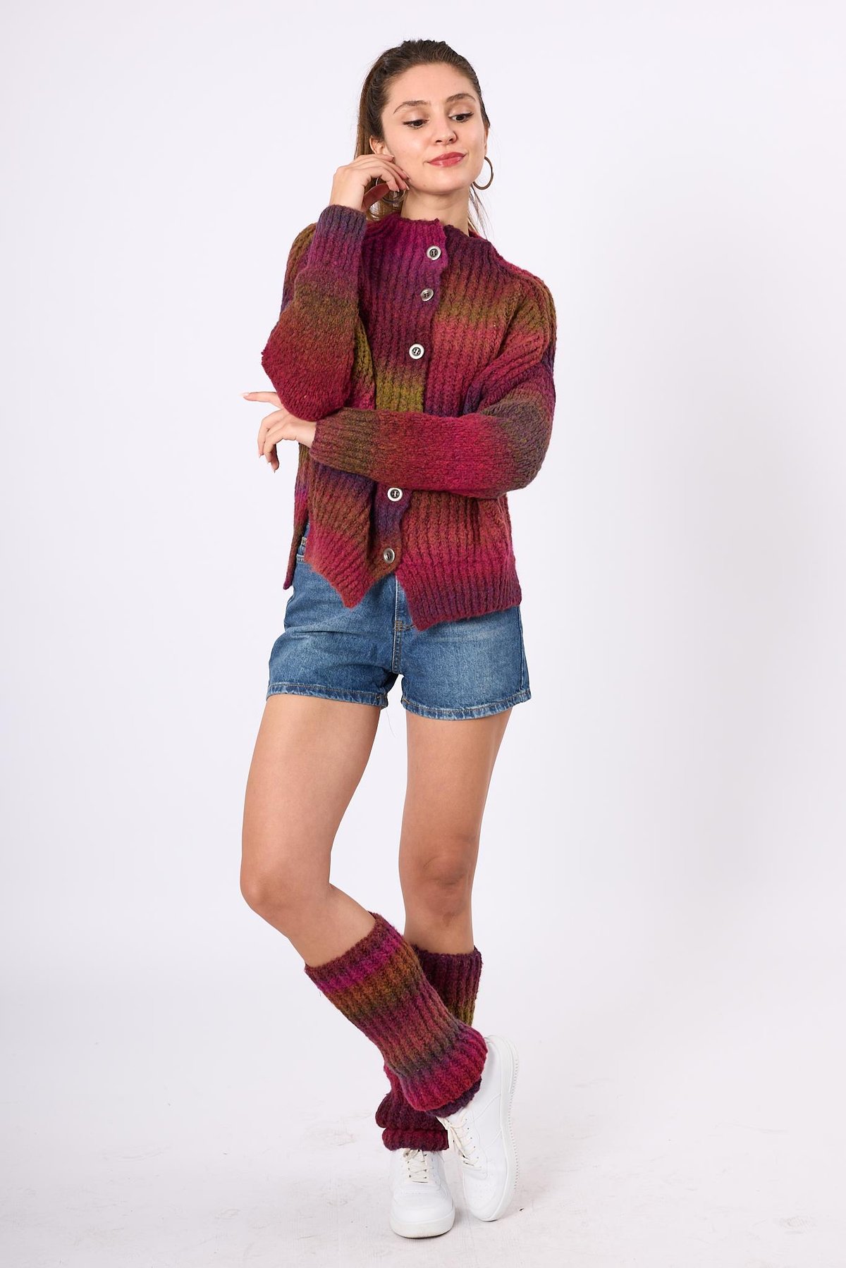 Peraluna Anabella Bol Kesim Kadın Triko Hırka - Bordo Melanj