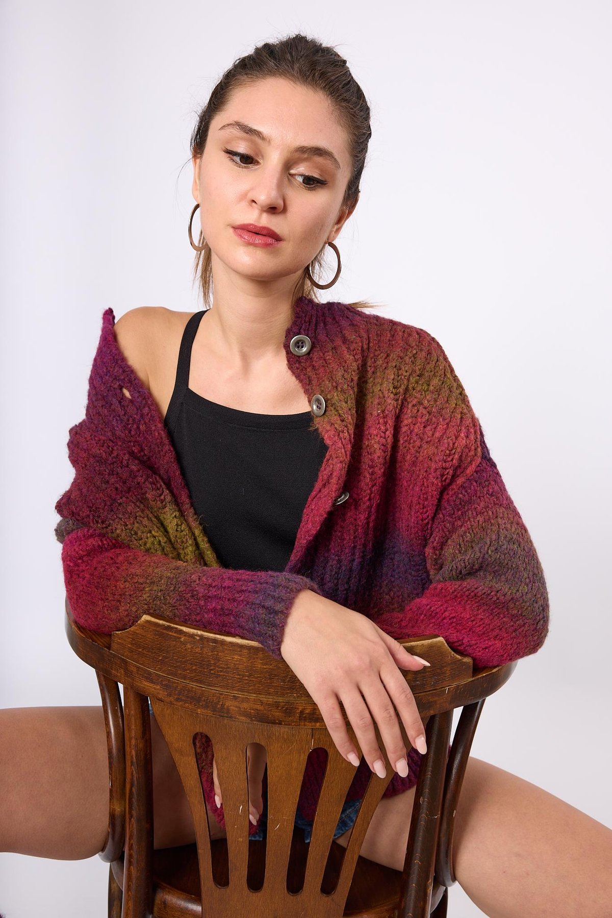 Peraluna Anabella Bol Kesim Kadın Triko Hırka - Bordo Melanj