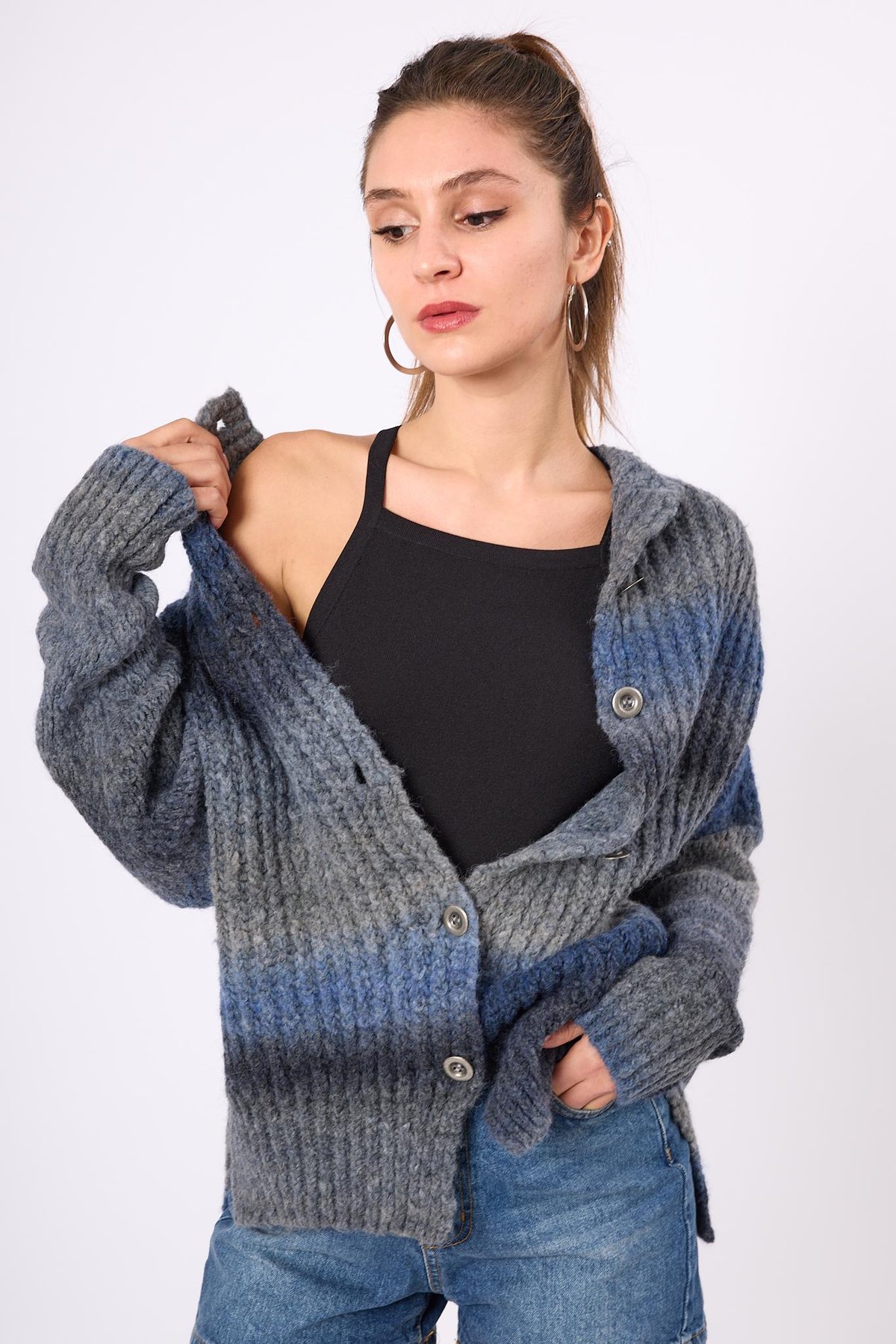 Peraluna Anabella Bol Kesim Kadın Triko Hırka - İndigo Melanj