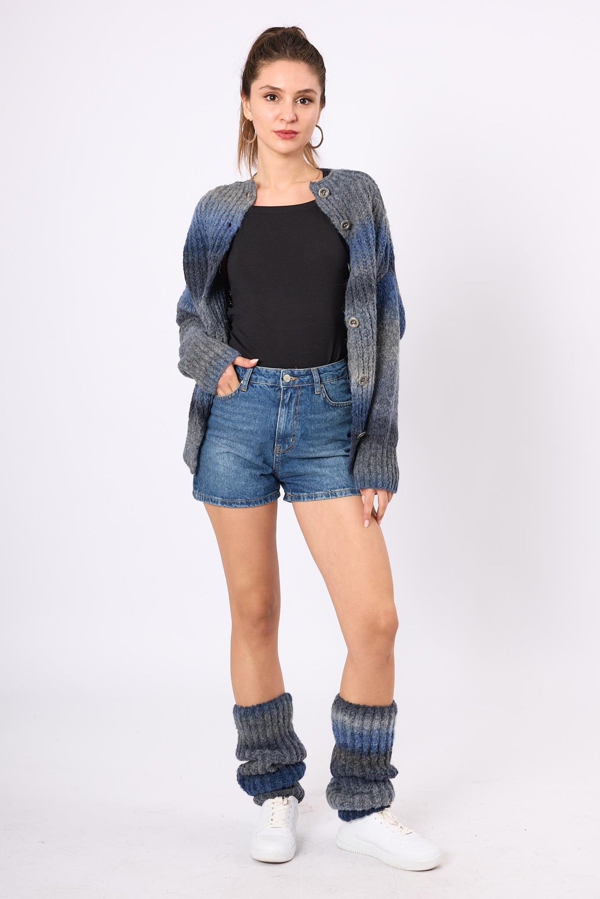 Peraluna Anabella Bol Kesim Kadın Triko Hırka - İndigo Melanj