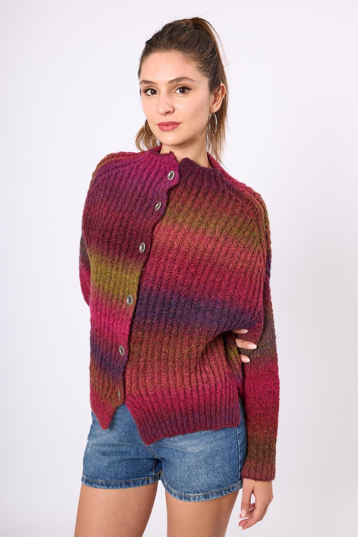 Peraluna Anabella Bol Kesim Kadın Triko Hırka - Bordo Melanj