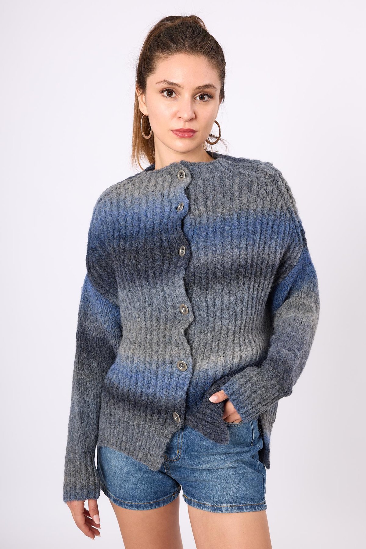 Peraluna Anabella Bol Kesim Kadın Triko Hırka - İndigo Melanj