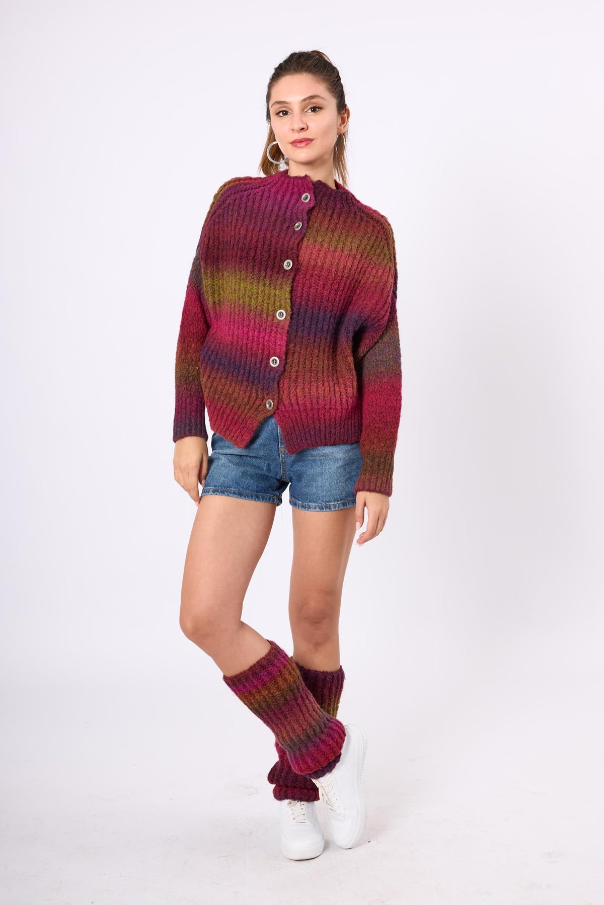 Peraluna Anabella Bol Kesim Kadın Triko Hırka - Bordo Melanj