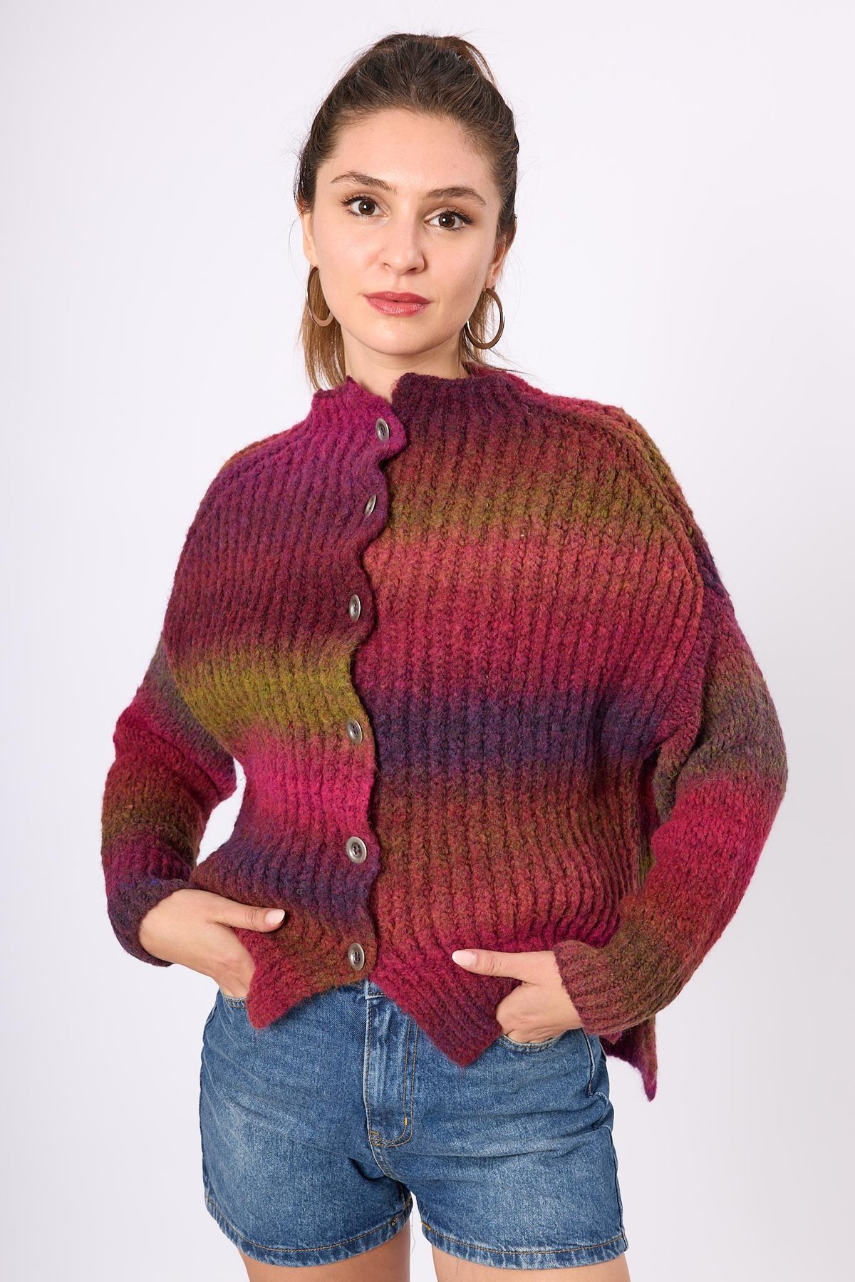 Peraluna Anabella Bol Kesim Kadın Triko Hırka - Bordo Melanj