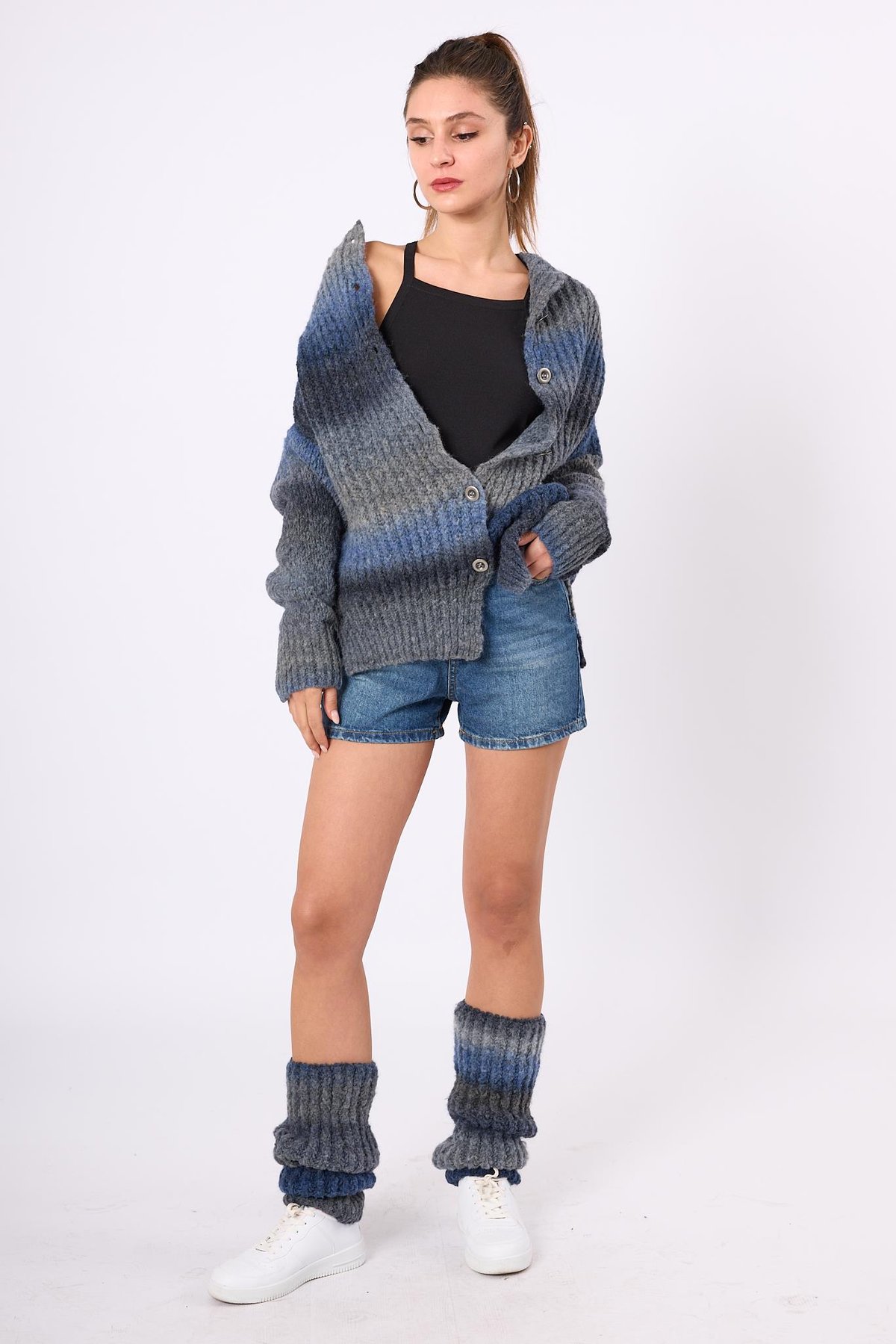 Peraluna Anabella Bol Kesim Kadın Triko Hırka - İndigo Melanj