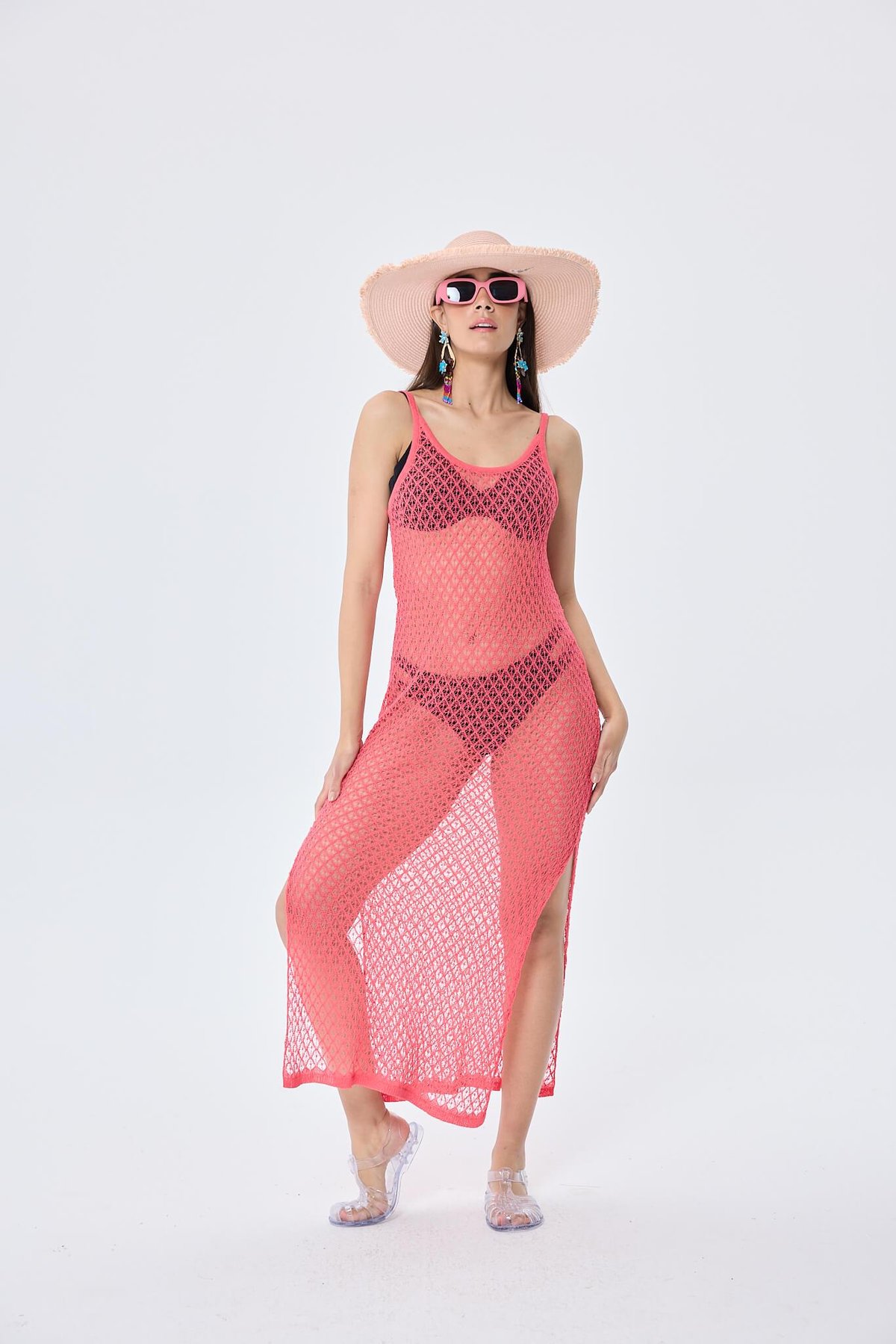 Peraluna Angel, Ajurlu, Kadın Uzun Triko Plaj Elbisesi - KORAL