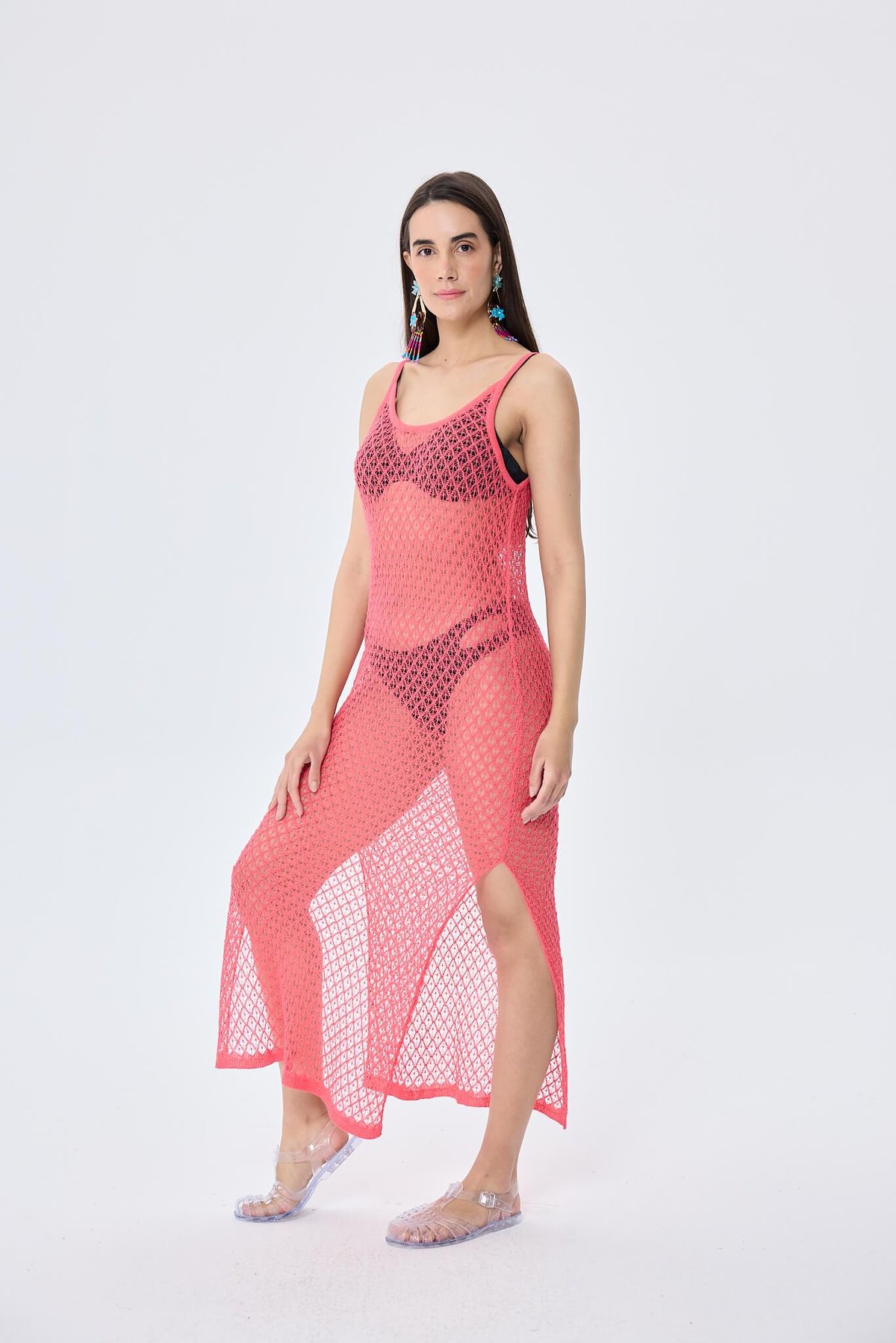 Peraluna Angel, Ajurlu, Kadın Uzun Triko Plaj Elbisesi - KORAL