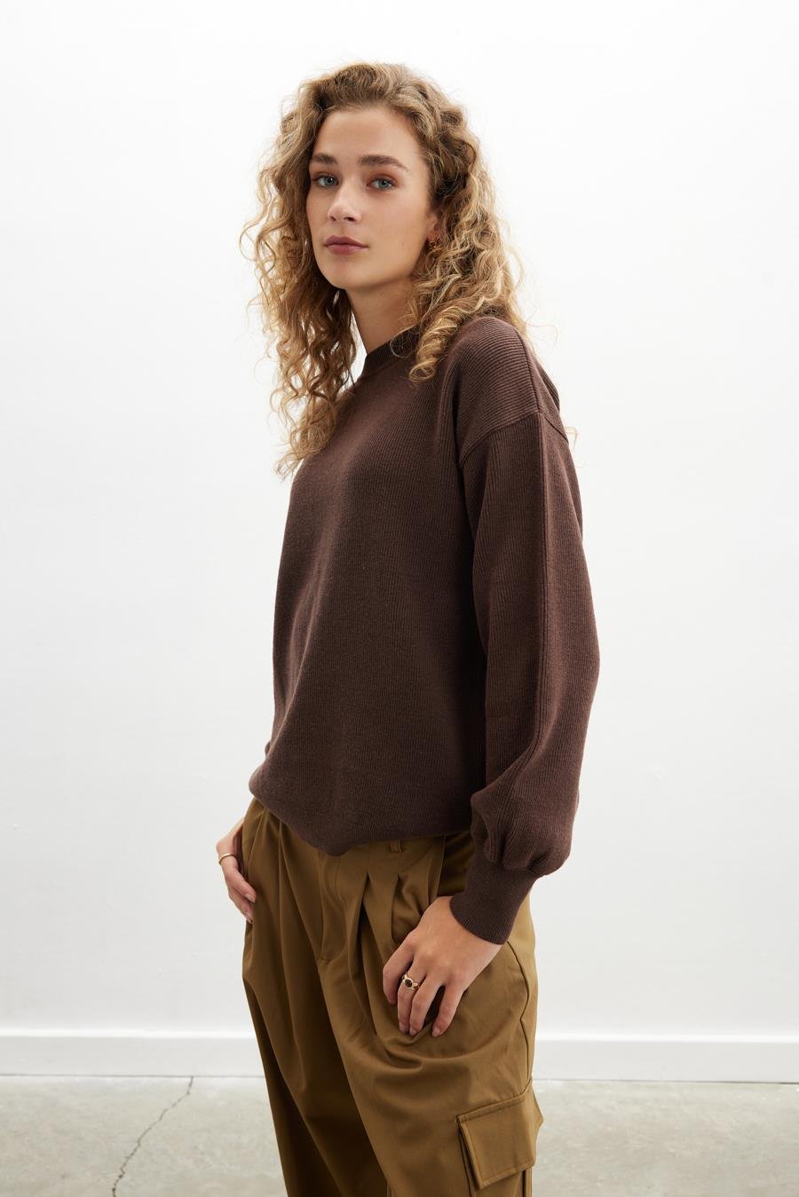 Peraluna ANNETTE PULLOVER Bisiklet Yaka Büzgü Kol Kadın Triko Kazak - Koyu Kahve