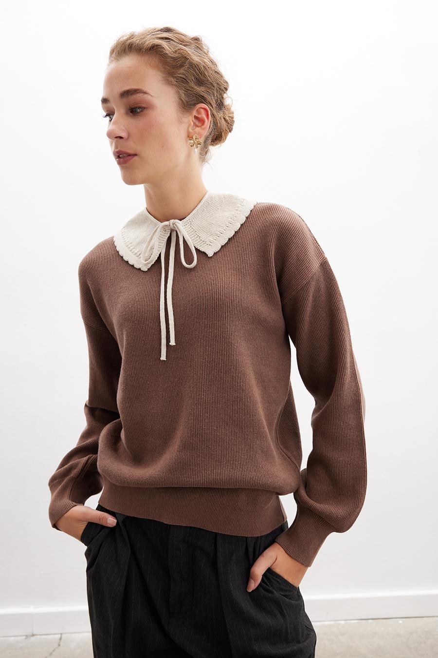 Peraluna ANNETTE PULLOVER Bisiklet Yaka Büzgü Kol Kadın Triko Kazak - Sütlü Kahve