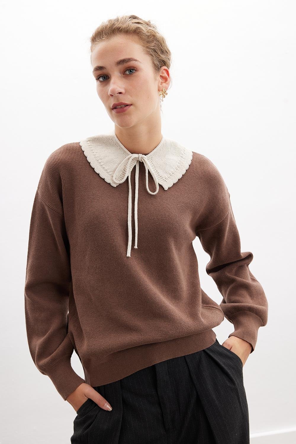 Peraluna ANNETTE PULLOVER Bisiklet Yaka Büzgü Kol Kadın Triko Kazak - Sütlü Kahve