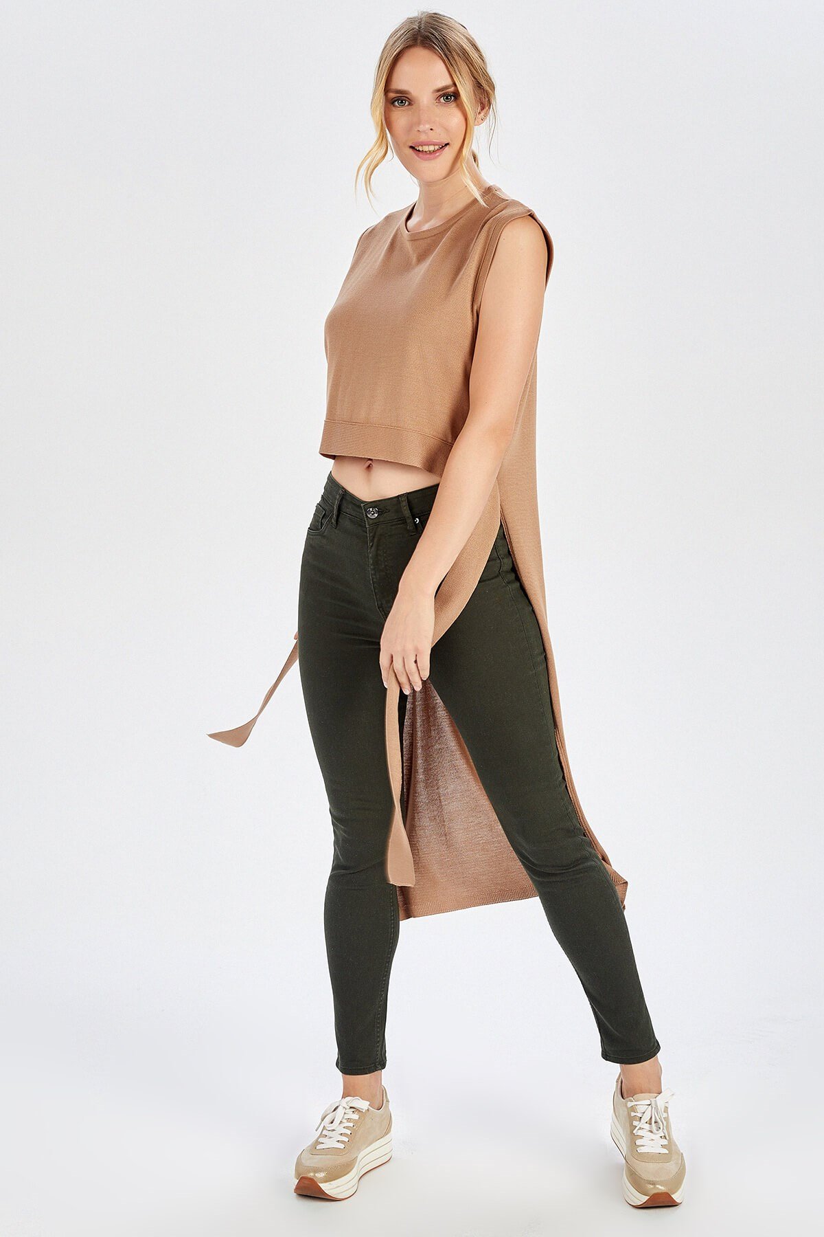 Peraluna Belted Sleeveless Women's Knitwear Long Back Blouse - Black