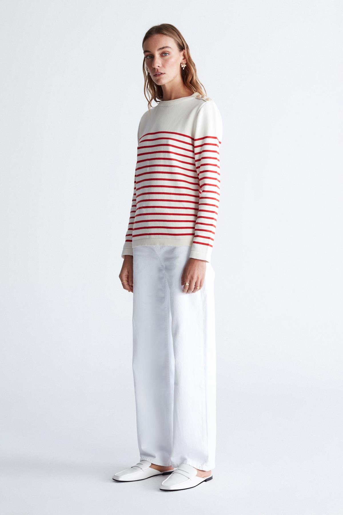 Peraluna AUDREY PULLOVER Omzu Düğmeli Çizgili Organik Pamuk Mevsimlik Kadın Triko Kazak Ekru/Kırmızı