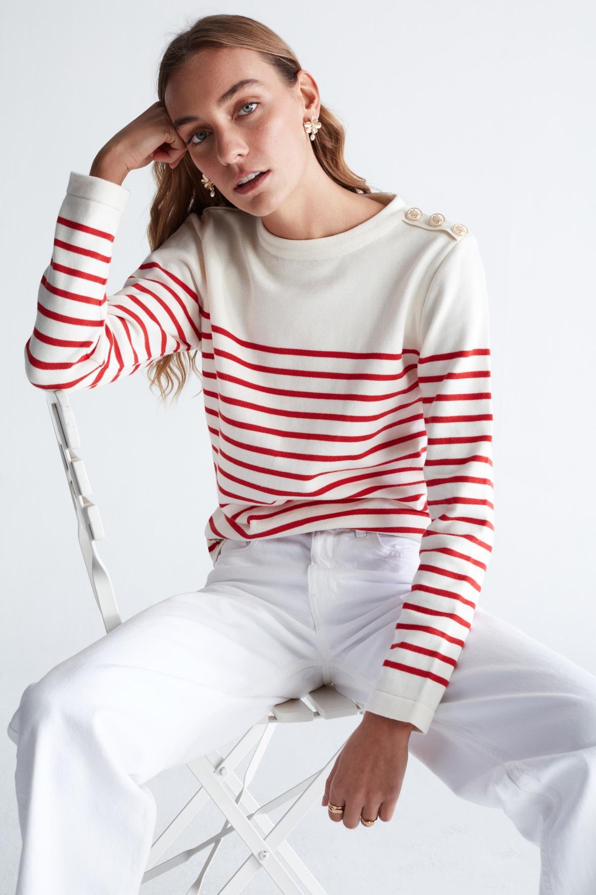 Peraluna AUDREY PULLOVER Omzu Düğmeli Çizgili Organik Pamuk Mevsimlik Kadın Triko Kazak Ekru/Kırmızı