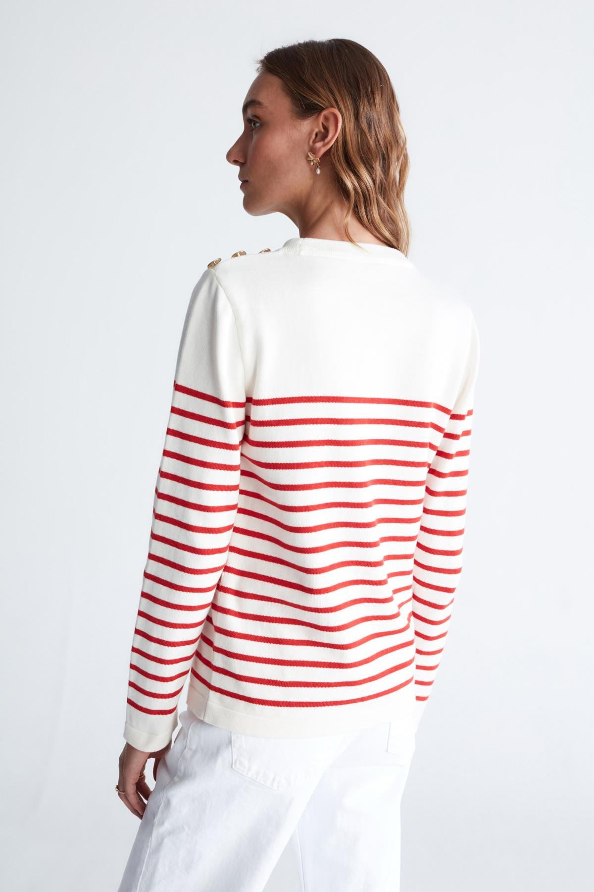Peraluna AUDREY PULLOVER Omzu Düğmeli Çizgili Organik Pamuk Mevsimlik Kadın Triko Kazak Ekru/Kırmızı