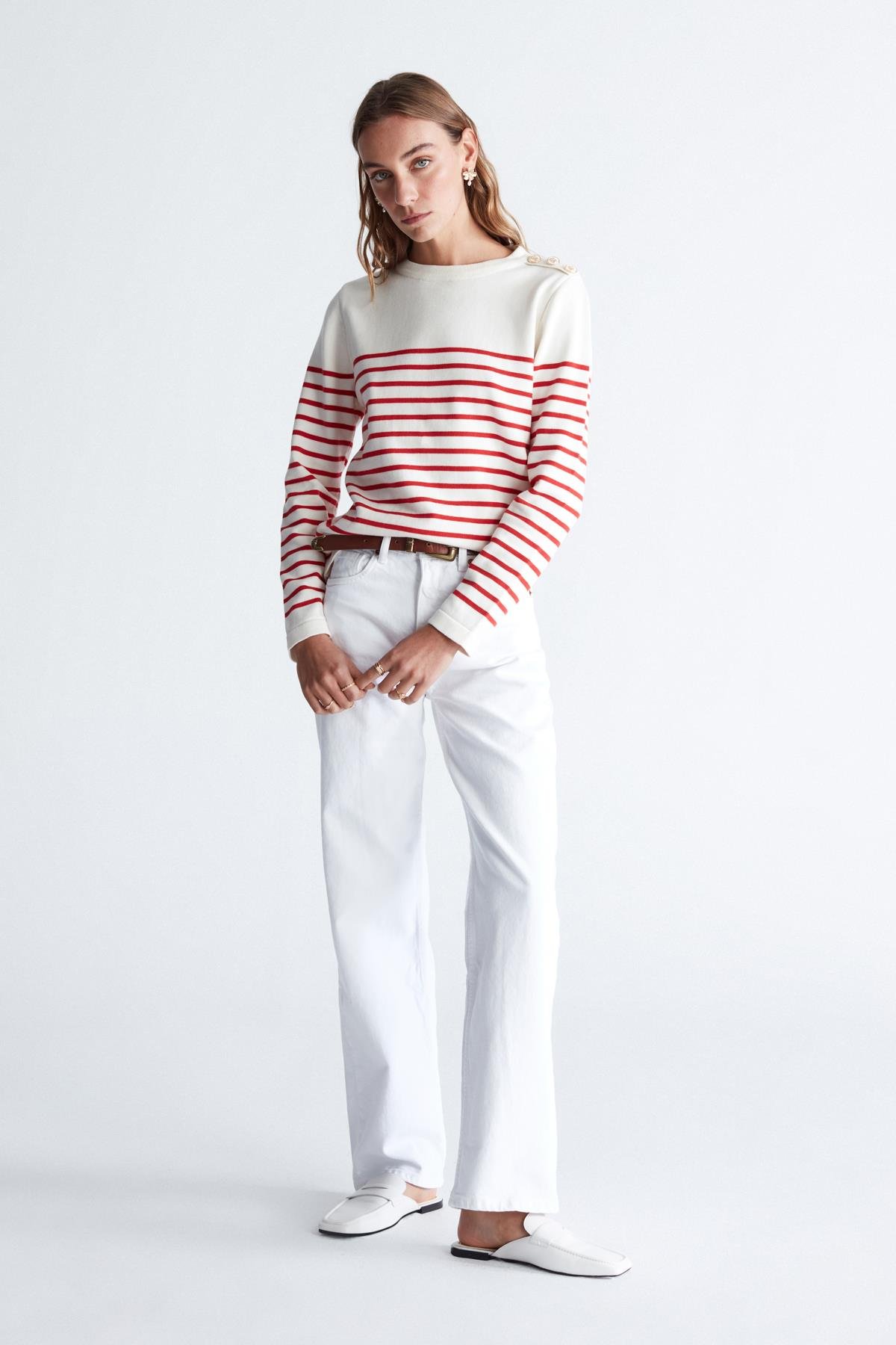 Peraluna AUDREY PULLOVER Omzu Düğmeli Çizgili Organik Pamuk Mevsimlik Kadın Triko Kazak Ekru/Kırmızı