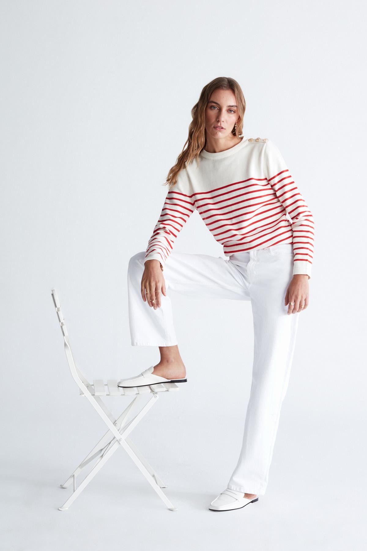 Peraluna AUDREY PULLOVER Omzu Düğmeli Çizgili Organik Pamuk Mevsimlik Kadın Triko Kazak Ekru/Kırmızı