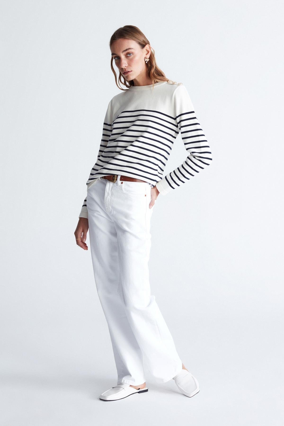 Peraluna AUDREY PULLOVER Omzu Düğmeli Çizgili Organik Pamuk Mevsimlik Kadın Triko Kazak Ekru/Lacivert