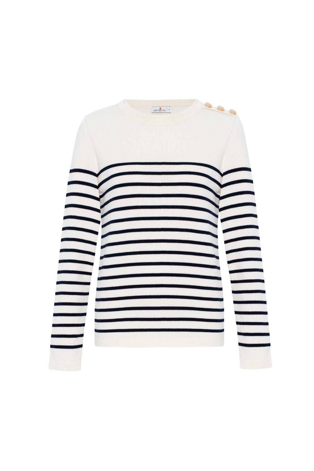 Peraluna AUDREY PULLOVER Omzu Düğmeli Çizgili Organik Pamuk Mevsimlik Kadın Triko Kazak Ekru/Lacivert