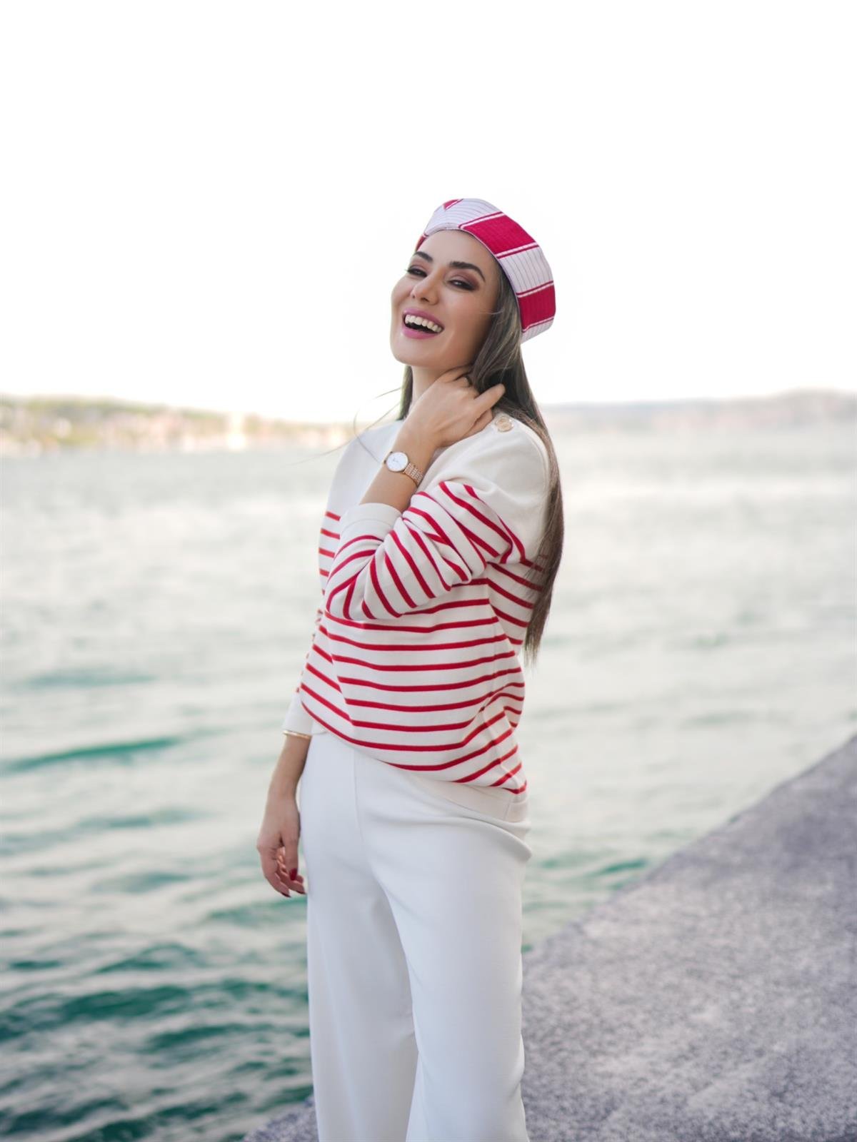 Peraluna AUDREY PULLOVER Omzu Düğmeli Çizgili Organik Pamuk Mevsimlik Kadın Triko Kazak Ekru/Kırmızı